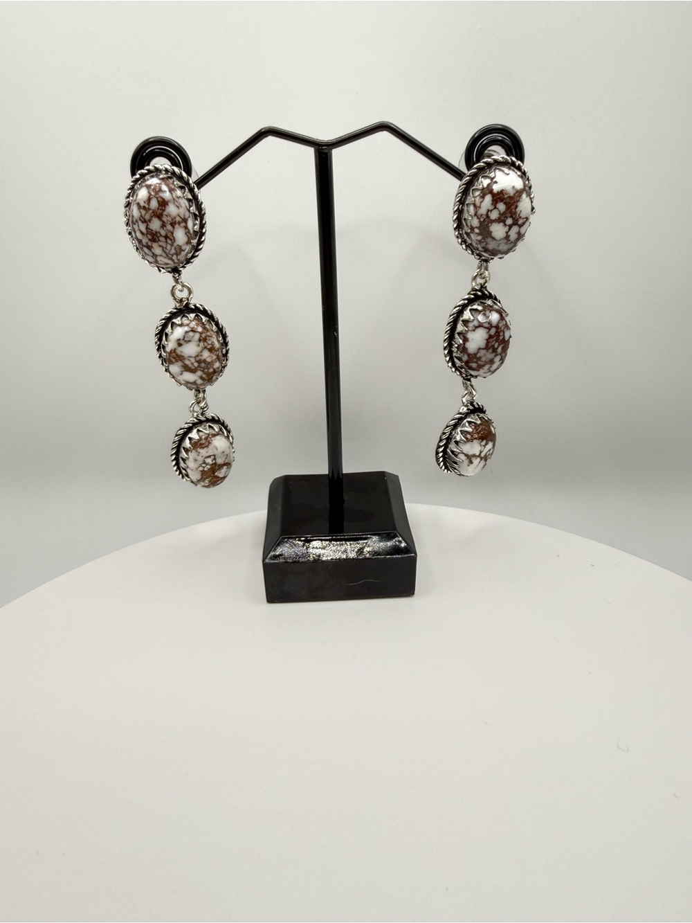 Handcrafted White Horse 3- Stone Drop Earrings Sterling Overlay- Women Jewelry